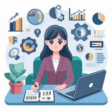 Young businesswoman working on laptop at office. Vector illustration in flat styleのイラスト素材
