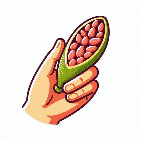 Hand holding a ripe avocado, isolated on white background. Vector illustration.のイラスト素材