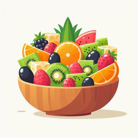 Fruit salad in a wooden bowl. Vector illustration in cartoon style.のイラスト素材