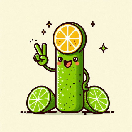 Cute cartoon cucumber character with two fingers. Vector illustration.のイラスト素材