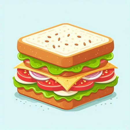 Sandwich with cheese, tomato, cucumber and lettuce. Vector illustration.のイラスト素材
