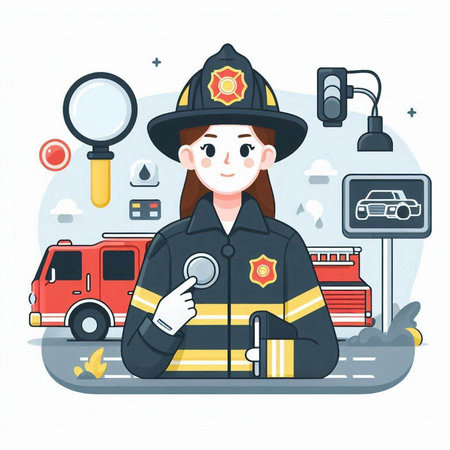 Fireman with a magnifying glass. Flat style vector illustration.のイラスト素材