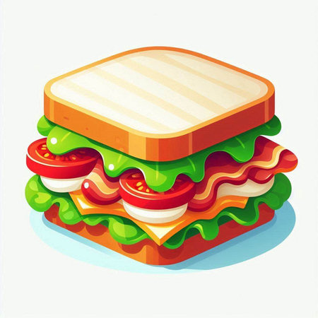 Illustration of a sandwich with lettuce, tomato and cheese on a white backgroundのイラスト素材