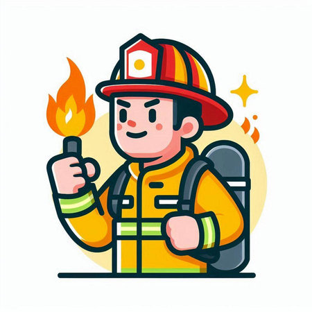 Firefighter with fire extinguisher. Vector illustration in flat style.のイラスト素材