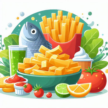 Vector illustration of fresh fish with french friesnnaise and vegetablesのイラスト素材