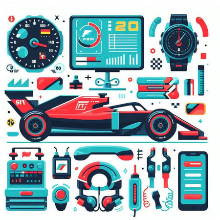 Set of racing equipment and accessories. Vector illustration in flat style.のイラスト素材