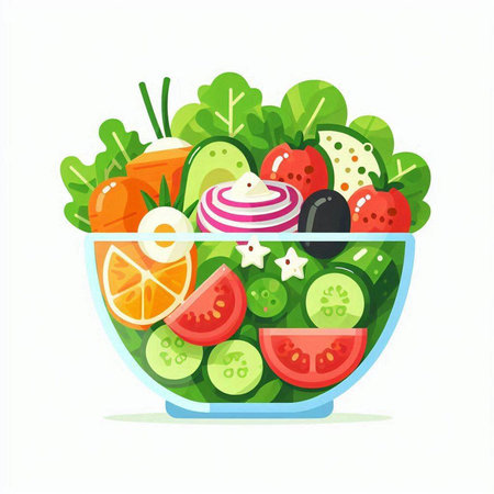 Fresh vegetable salad in glass bowl isolated on white background. Vector illustration.のイラスト素材