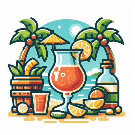 Cocktail on the beach. Vector illustration in flat style.のイラスト素材