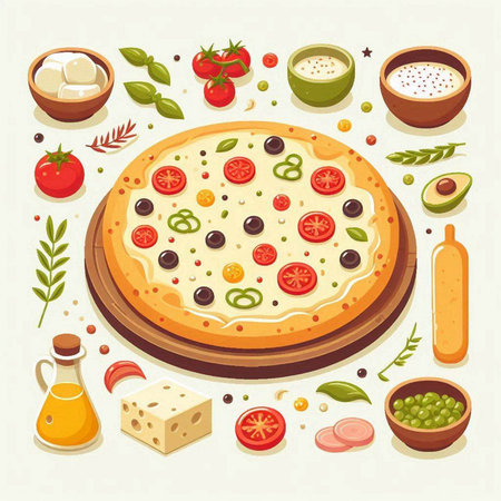 Pizza and ingredients. Vector illustration in flat cartoon style on white background.のイラスト素材