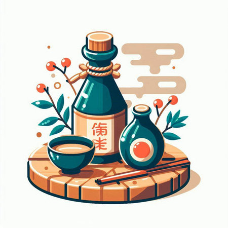 Illustration of a set of Japanese sake in a glass bottle.のイラスト素材