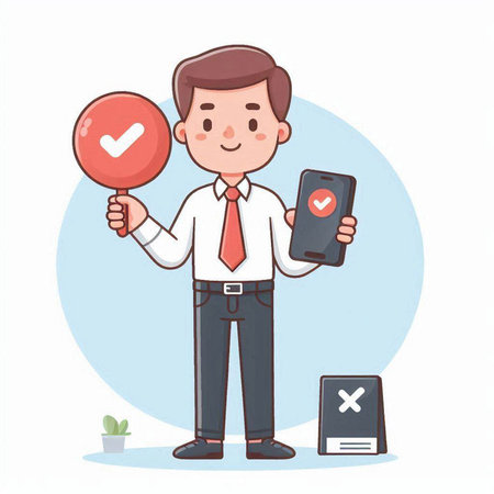 Businessman holding smartphone and check mark. Vector illustration in cartoon styleのイラスト素材
