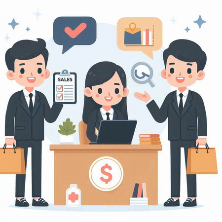 Businessman and businesswoman at the reception desk. Vector illustration.のイラスト素材