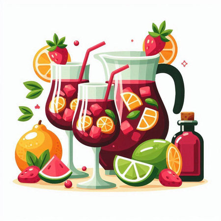 Vector illustration of a glass of sangria with fruits, berries and mint.のイラスト素材