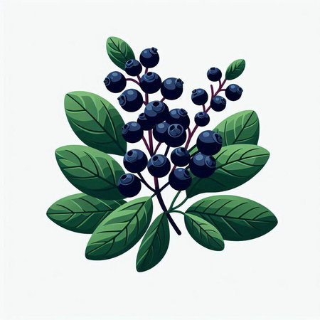 Blueberry branch with berries and leaves isolated on white background. Vector illustration.のイラスト素材
