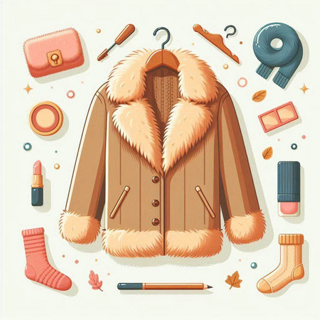 Vector illustration of fur coat, accessories and cosmetics. Women's clothing.のイラスト素材