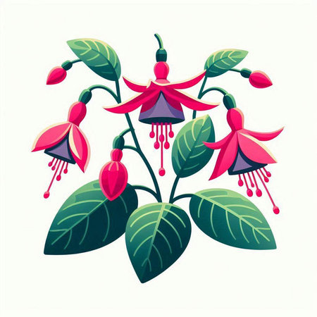 Fuchsia flowers with leaves isolated on white background. Vector illustration.のイラスト素材