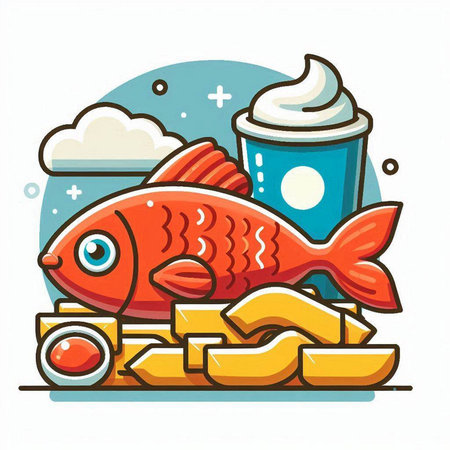 Cute fish and ice cream. Vector illustration of sea food.のイラスト素材