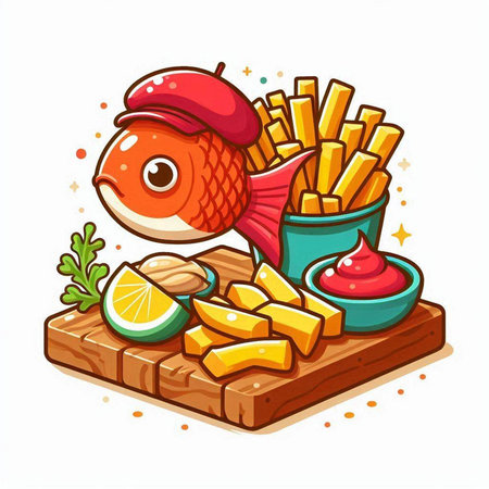 Fish with french fries and sauce on a white background. Vector illustrationのイラスト素材