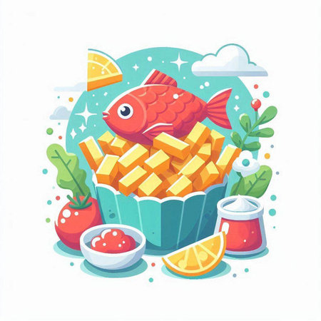 Fried fish with vegetables. Vector illustration in flat cartoon style.のイラスト素材