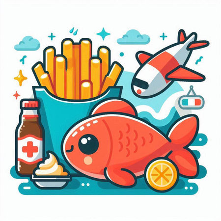 Fish, french fries and ice cream. Vector illustration in flat styleのイラスト素材