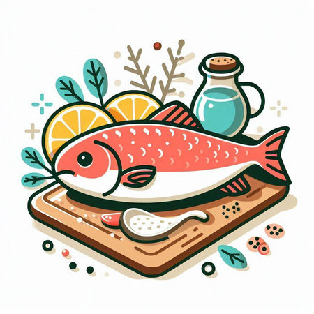 Fish on a cutting board with lemon and spices. Vector illustration.のイラスト素材