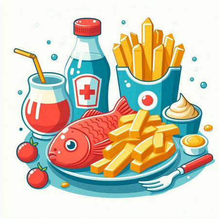 Illustration of fresh fish, french friesnnaise, ketchup and mayonnaiseのイラスト素材