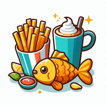 Coffee cup with fish and chips. Vector cartoon illustration.のイラスト素材