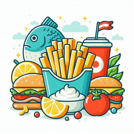 Vector illustration of fast food. Fish, chips, tomato, salad, hamburger, french fries, soda.のイラスト素材