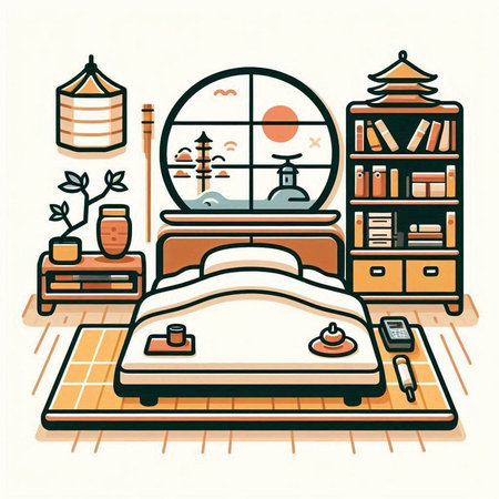 Bedroom interior with furniture and bookshelf. Bedroom vector illustration.のイラスト素材