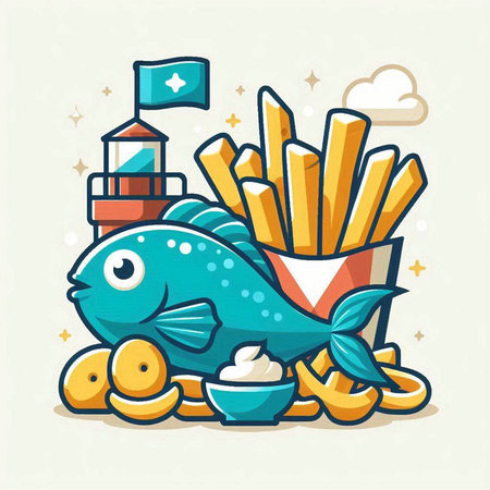 Fish with french fries and sea food. Vector illustration in cartoon style.のイラスト素材