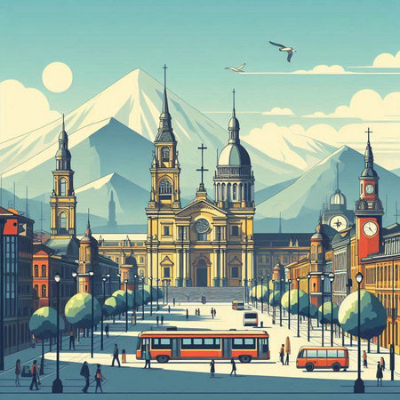 Stock illustration. People on the embankment of the city.のイラスト素材