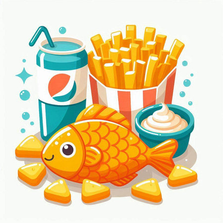 Cute cartoon fish, chips and soda can. Vector illustration.のイラスト素材
