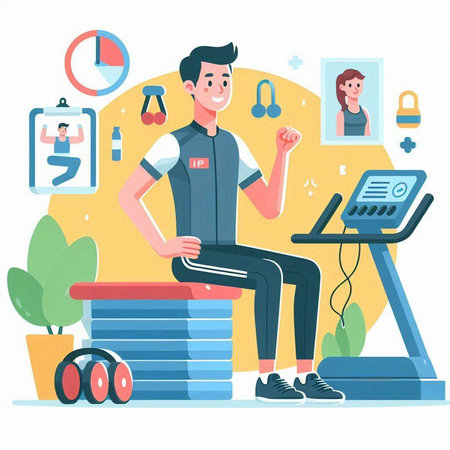Fitness club vector illustration. Young man in sportswear working out on the treadmill.のイラスト素材