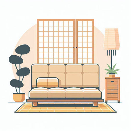 Living room interior with sofa and plant. Vector illustration in flat styleのイラスト素材