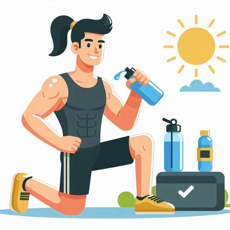 Sporty man with bottle of water and towel. Vector illustration in cartoon styleのイラスト素材