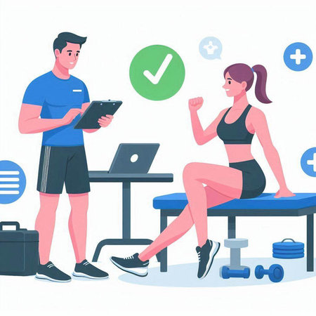Woman and man in fitness club. Vector illustration in cartoon style.のイラスト素材