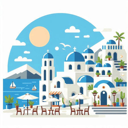 Vector illustration of the Greek island of Santorini in flat styleのイラスト素材