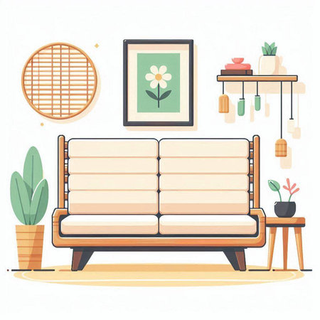 Living room interior with sofa, coffee table and plant. Vector illustration.のイラスト素材