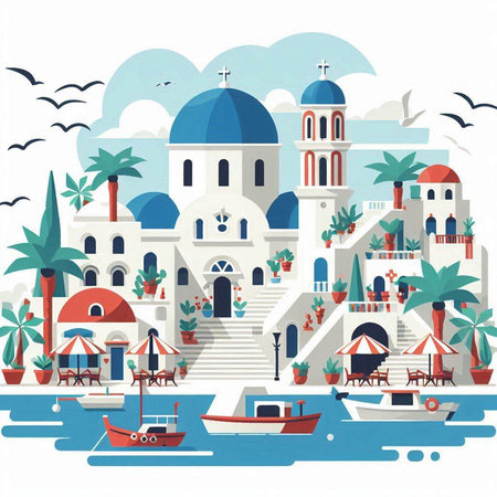 Vector illustration of Santorini island in Greece. Flat style.のイラスト素材