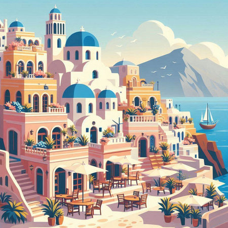 Santorini island, Greece, Europe. Colorful cartoon illustrationのイラスト素材