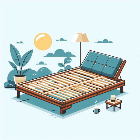 Wooden bed with solar panel. Vector illustration in cartoon style.のイラスト素材
