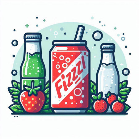 Bottles with soda and strawberry on white background. Vector illustration.のイラスト素材