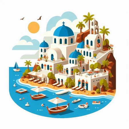 Santorini island. Greece. Vector illustration in flat styleのイラスト素材
