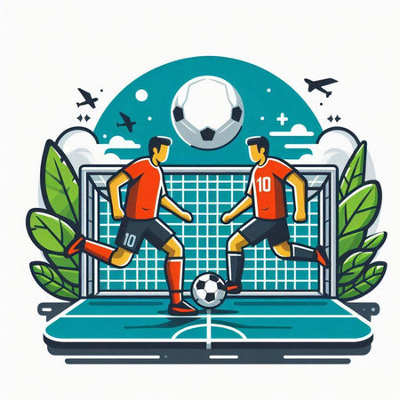 Soccer players on the field. Vector illustration of a soccer match.のイラスト素材