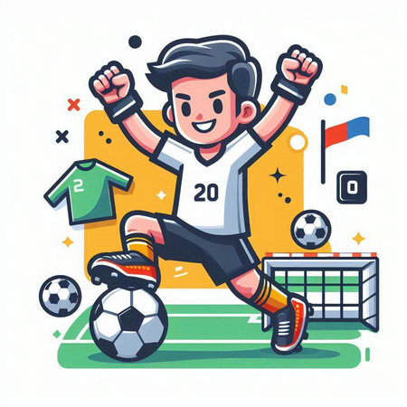Soccer player kicking the ball. Vector illustration in cartoon style.のイラスト素材