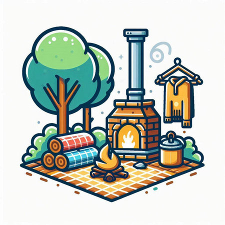 Vector illustration of a bonfire in the forest. Linear style.のイラスト素材