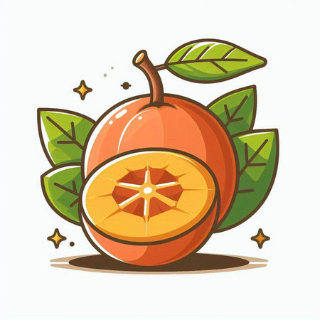 Illustration of a whole and half orange with leaves on white backgroundのイラスト素材