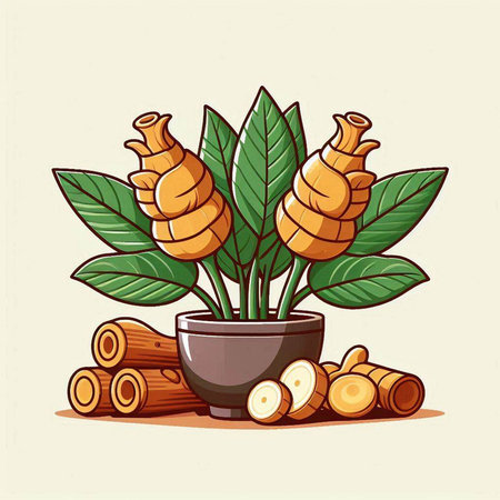 Illustration of ginger root in pot. Vector illustration for your designのイラスト素材