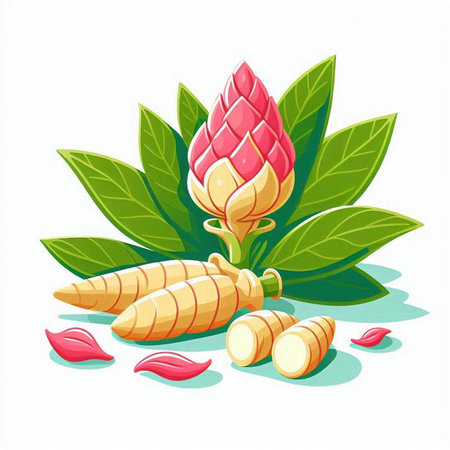 Ginger root with green leaves on white background. Vector illustration.のイラスト素材