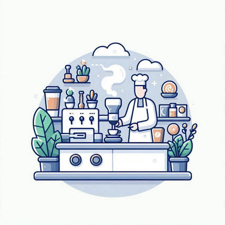 Coffee shop concept. Vector illustration in flat line style.のイラスト素材
